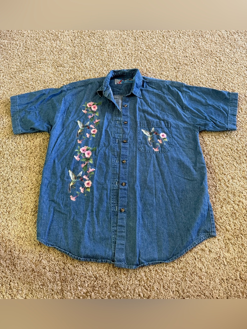 Blue Hummingbird Button Up Top